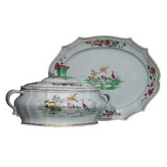 Chinese Export Famille Rose Shaped Tureen, Cover and Stand.