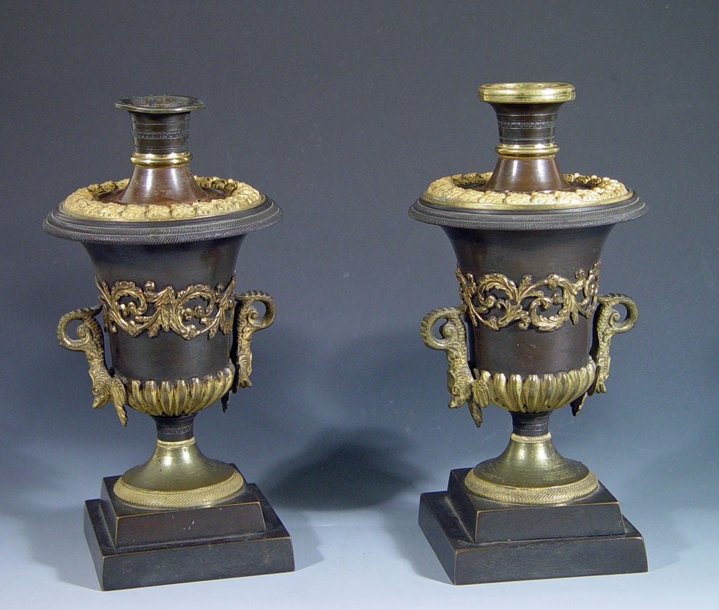 English Regency Bronze and Ormolu Candlestick Urns with Pineapple Reversible Tops For Sale