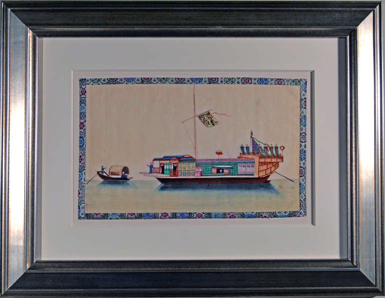 A set of twelve watercolours of junks and sampans on pith paper within a silvered silk ribbon decorated with flowerheads and mounted within a silvered frame.

Although a commodity produced for business, the watercolours were very well done, often