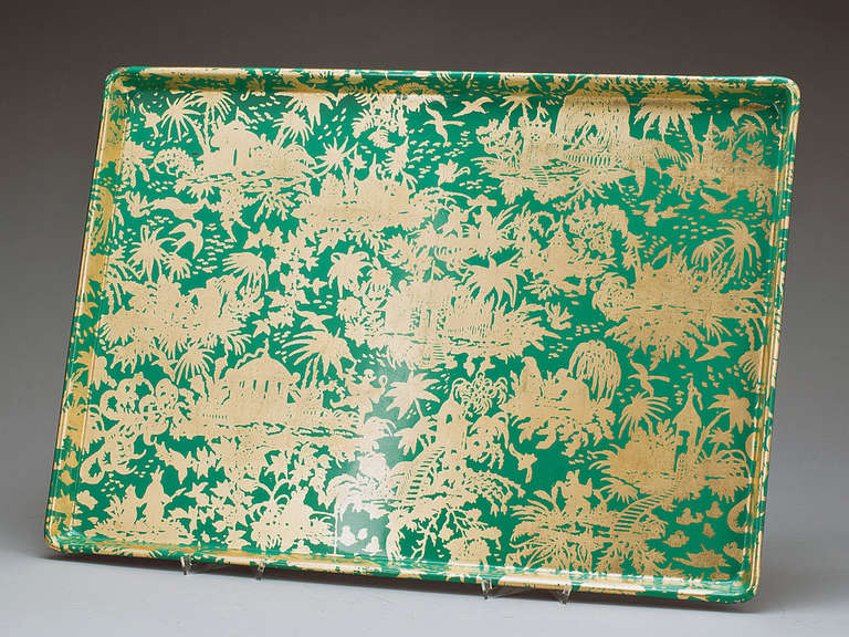 Mid-Century Modern A Piero Fornasetti Large Green-Ground Chinoiserie Tray