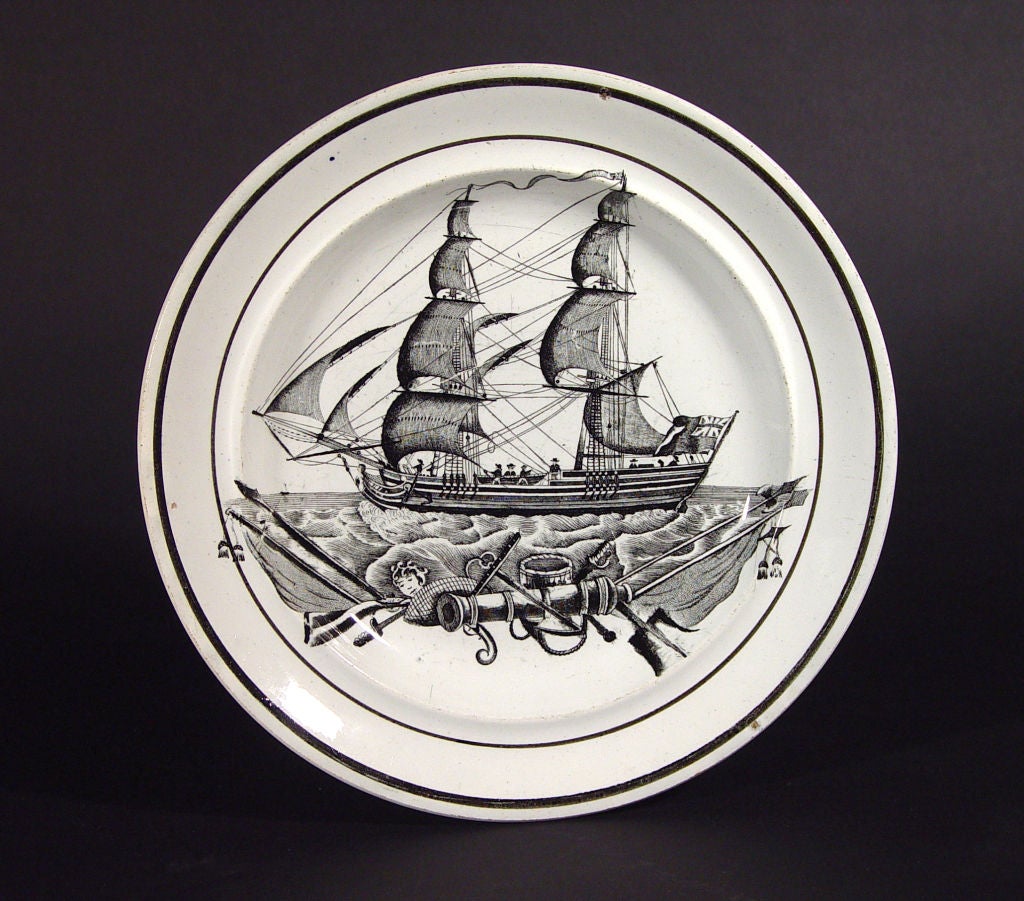 A Welsh Pottery Plate decorated with a Ship