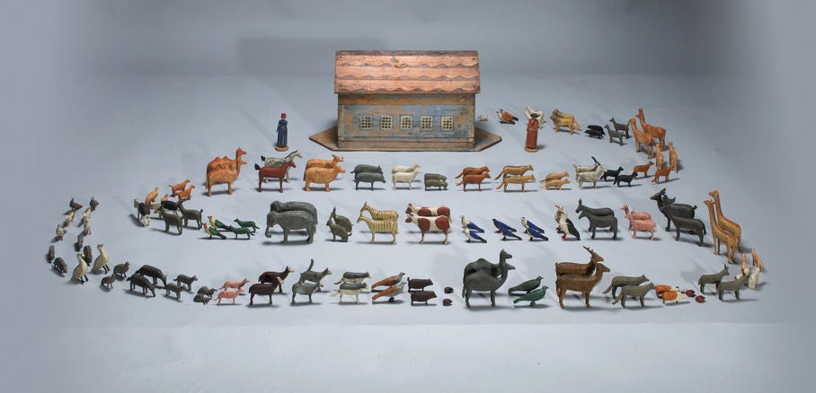 A magnificent hand painted flat-bottomed Noah’s Ark complete with Noah, his wife and two sons. It comes with a staggering 180 plus hand carved and painted animals and birds, and unusually also insects (lady birds, spiders and crickets). It has a