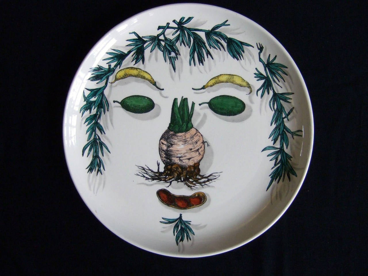 Mid-Century Modern Set of Six Rare Piero Fornasetti Arcimboldesca Motif Vegetable Face Plates