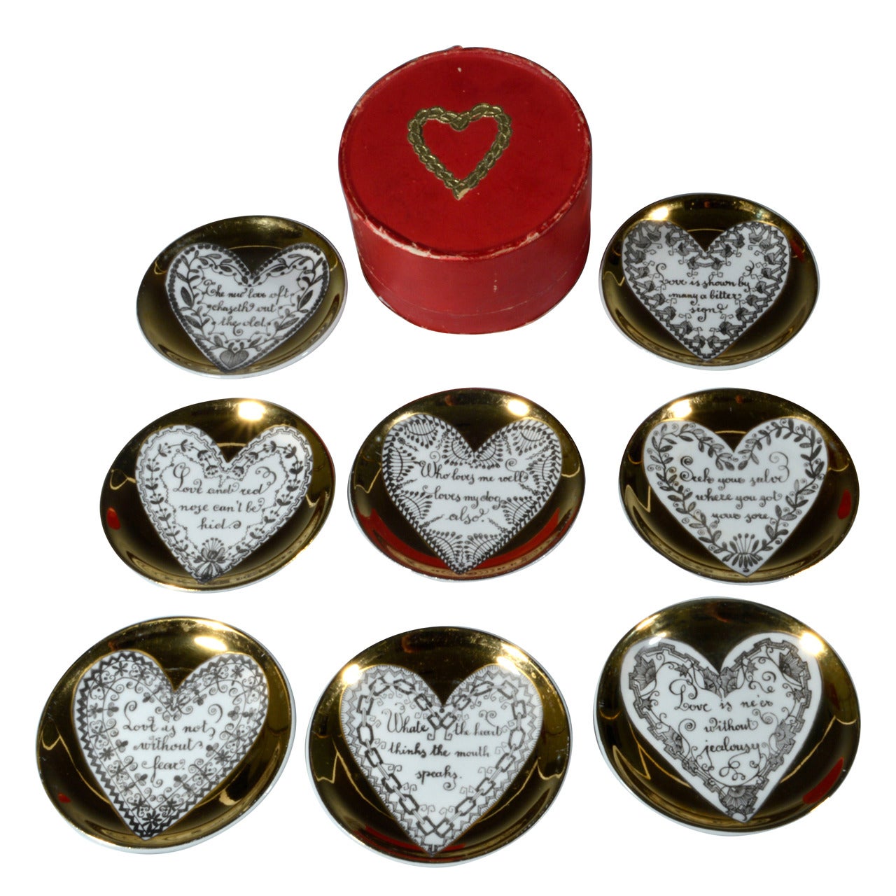 Piero Fornasetti Porcelain Boxed Coaster Set with Love, Hearts and Sayings