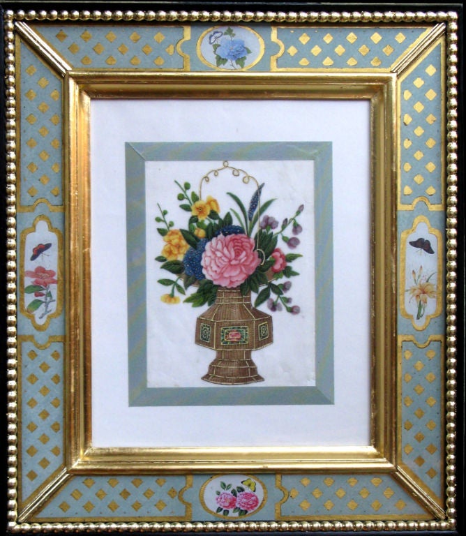 A Set of Four China Trade Watercolours of Hanging Floral Baskets