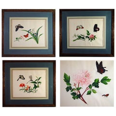 Antique Chinese Botanical Large Watercolors on Paper, Set of Four