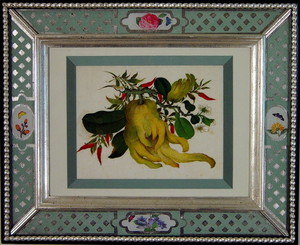 The superbly painted watercolours of fruit within aqua silk band are framed within an eglomise and decoupage frame.<br />
<br />
The detail and delicate color balance used in these works are some of the hallmarks of Sunqua’s earlier work- as time