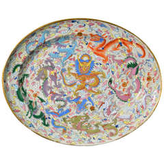 Antique Large Chinese Famille Rose Porcelain Dish of Dragons Chasing Flaming Pearls