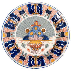 Dutch Delft Polychrome Peacock Dish, De Blompot Factory, 18th-century.