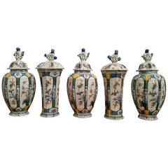 Dutch Delft Garniture of Five Vases and Covers