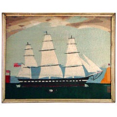 A Rare American Woolwork Picture of Ship with American Flags