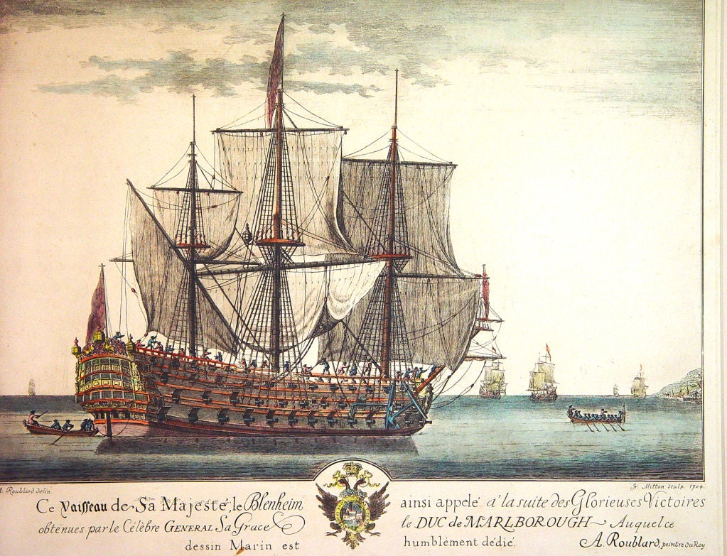 Dated 1704

The early 18th-century engraving depicts the HMS Blenheim. 

In 1709 Blenheim was rebuilt at Woolwich Dockyard, remaining a 90-gun second rate. She continued to serve until 1763, when she was broken up.

Isaac Sailmaker (1633-1721)