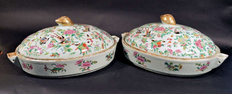 Hand-Painted A Pair of Massive Chinese Export Covered Warming Dishes.