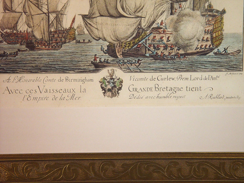 The large hand-coloured engraving by Roublard of HMS Grande Bretagne depicts numerous battleships at sea.

Below is the following inscription:

A l'Honoralve comte de Birmingham. vicomte de Curlew. Prem. Lord de la Amte.

Avec ces Vasseaux la