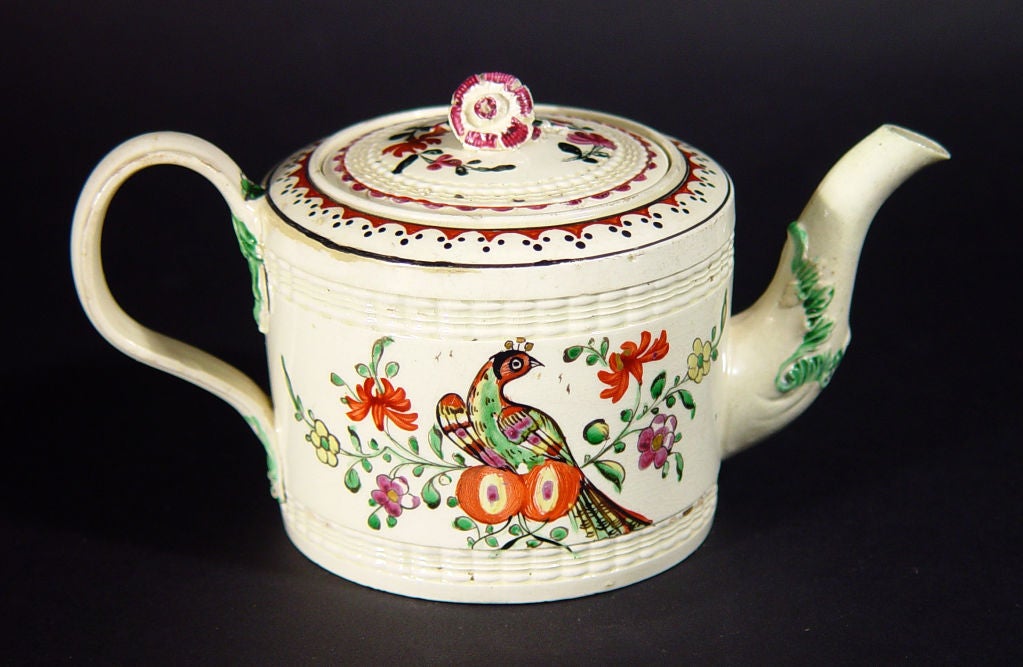 An English Enamelled Creamware Teapot & Cover