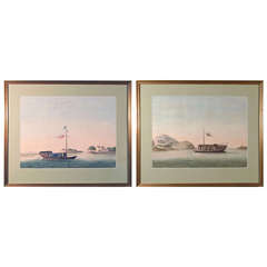Antique Chinese Export Watercolors of Chinese Sampans on European Paper, circa 1800