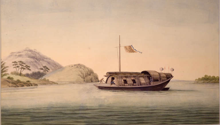 Two Chinese watercolors on European paper, each depicts a different ship. In one, a sampan is approaching land- a mountain and trees can be seen in the background.

The second watercolor depicts a different vessel. Two men can be seen seated in a