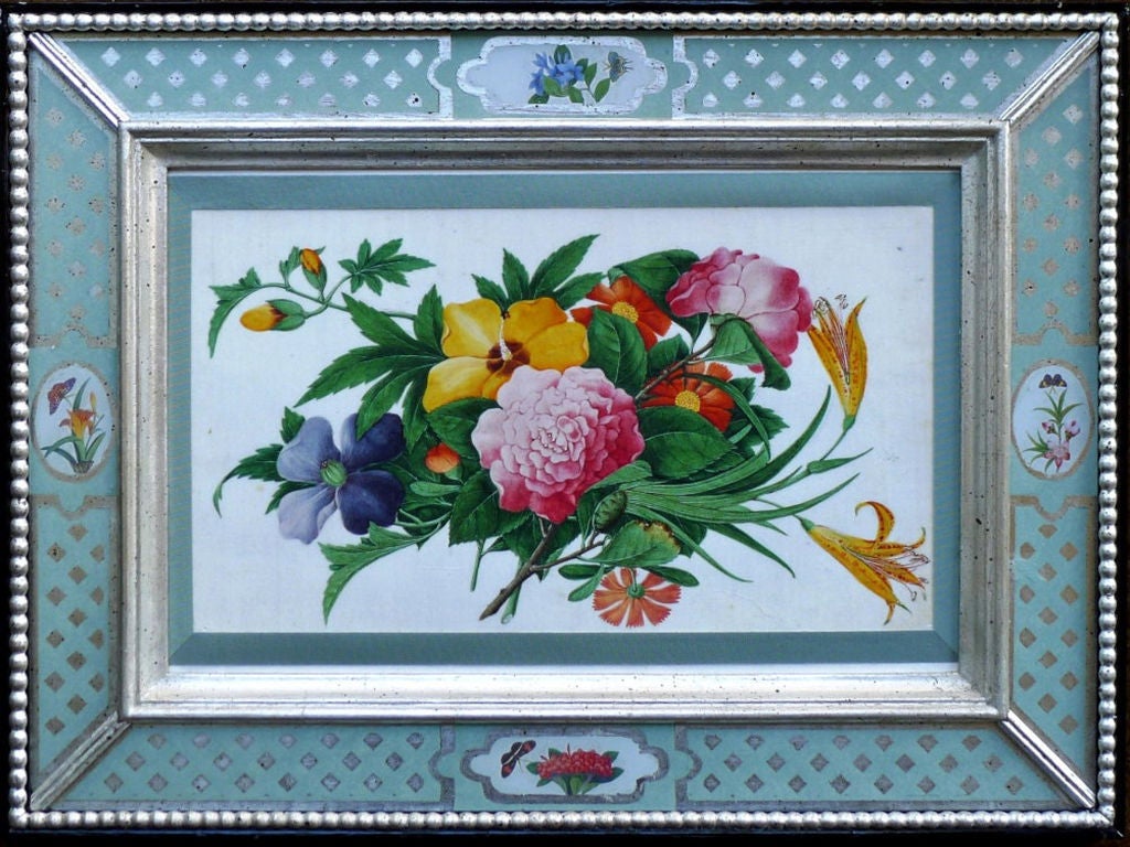 The finely painted watercolours of flowers and butterflies are framed within a contemporary  églomisé and decoupage frame.<br />
<br />
<br />
The set can be split into smaller quantities<br />
<br />
<br />
<br />
China Trade watercolours,