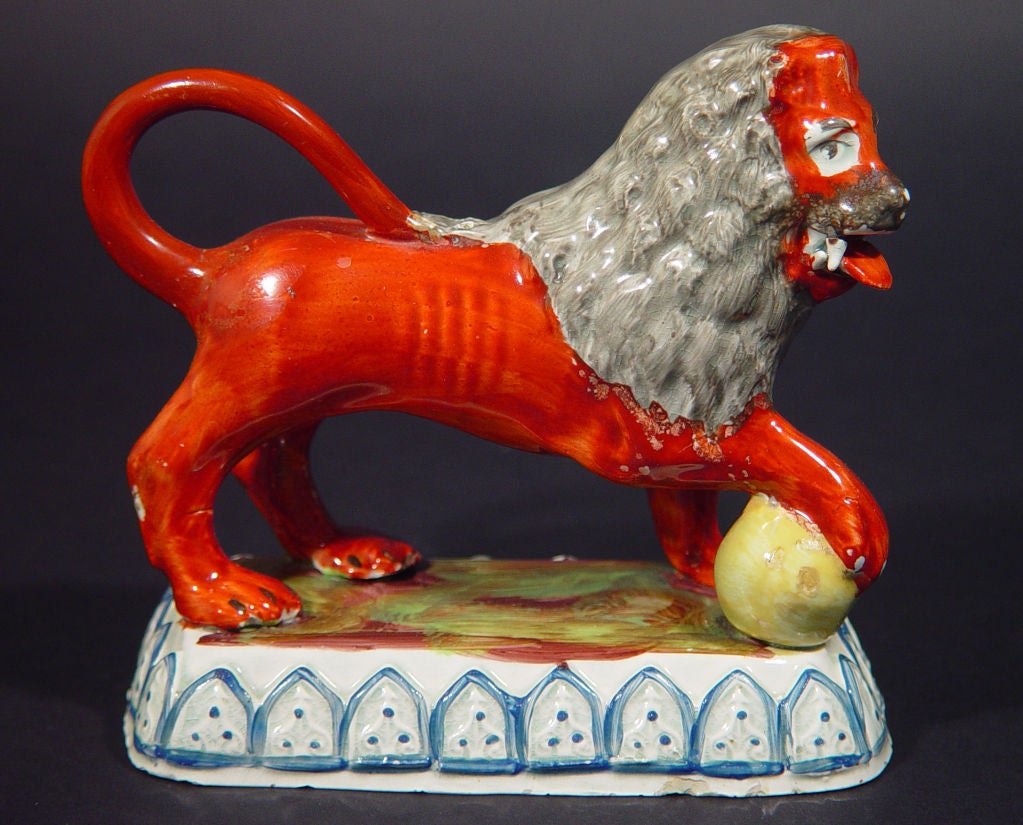A Fine Pair of Staffordshire Pottery Lions In Good Condition In Downingtown, PA