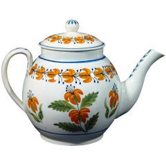 English Pottery Pearlware Teapot decorated with Unusual Prattware Orange Flowers