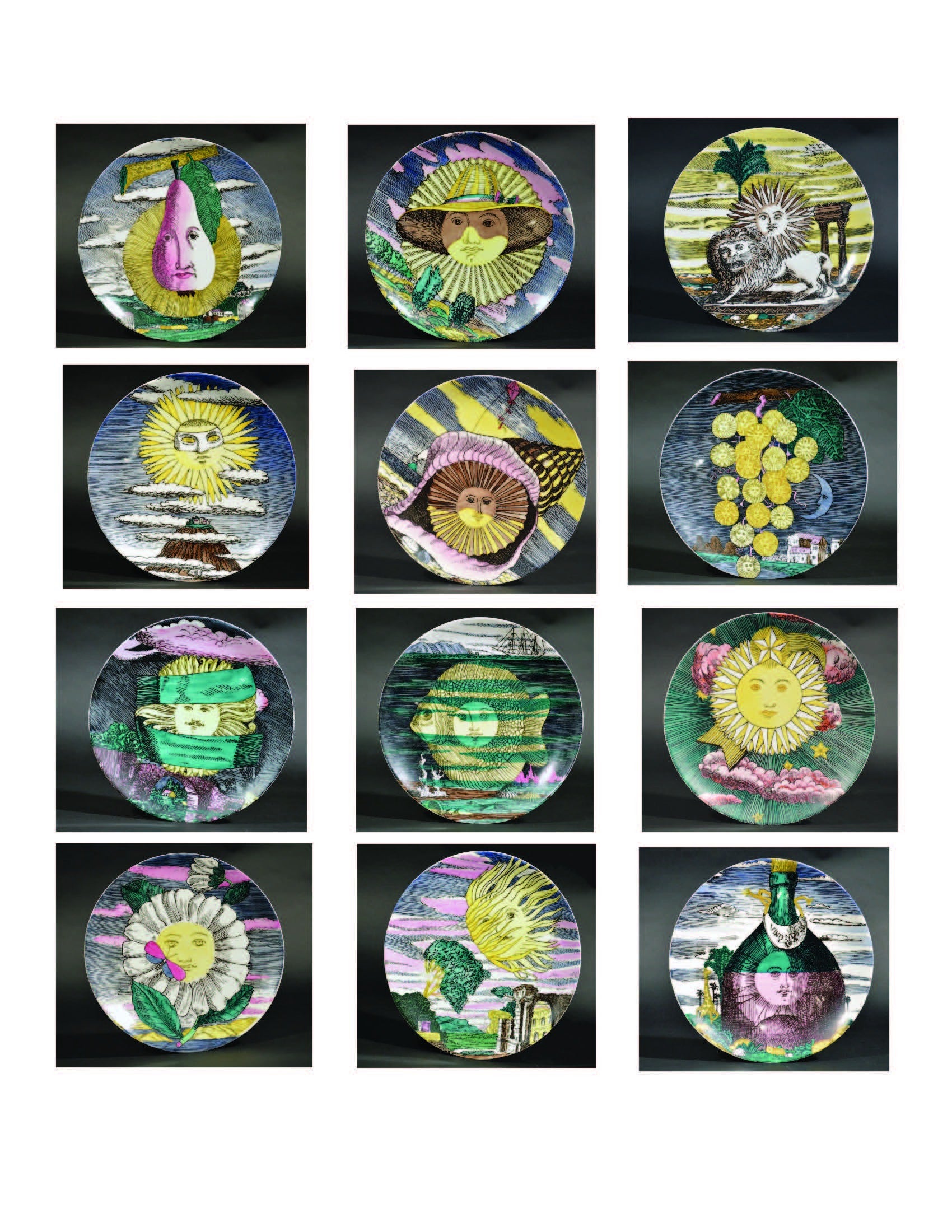 A Set of Twelve Coloured Piero Fornasetti Calendar Plates of the Sun.