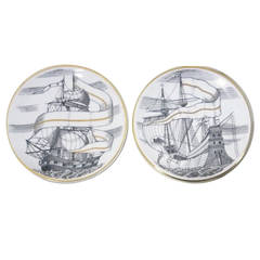 Set of Piero Fornasetti Velieri Tallship Porcelain Coasters with Original Box
