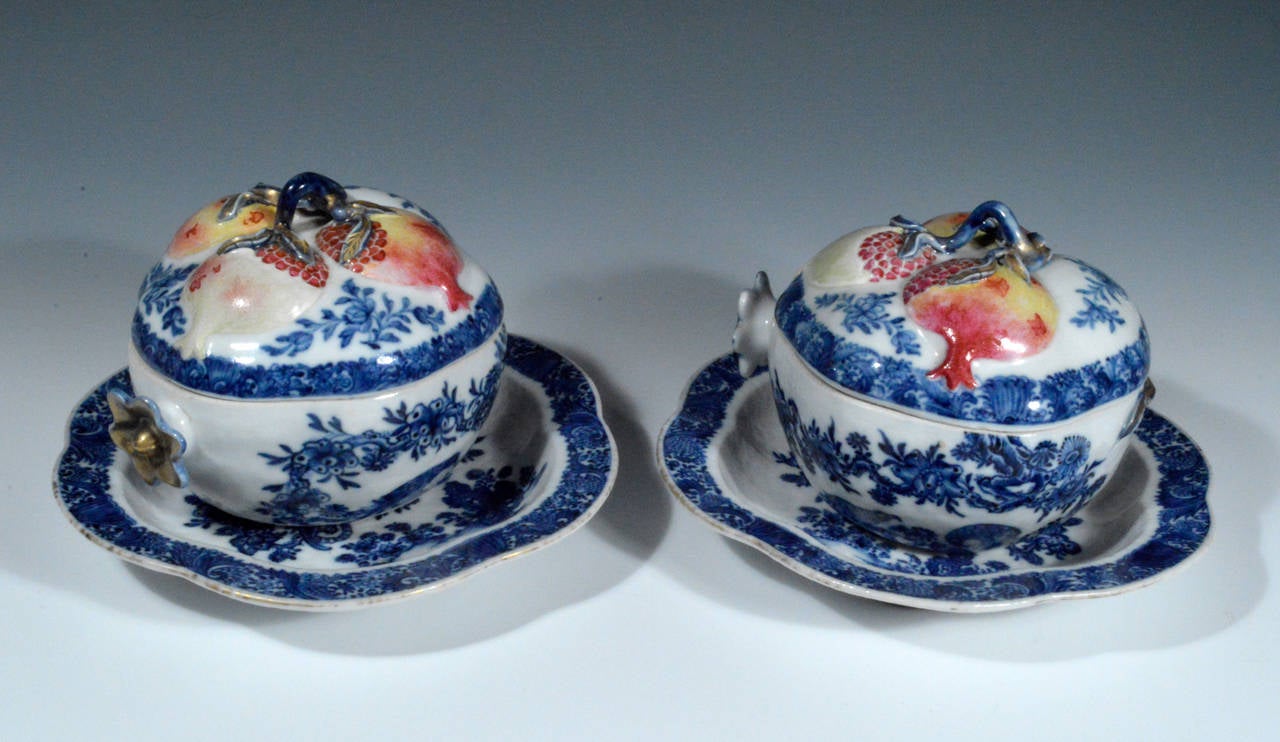 Pair of Extremely Rare Chinese Export Pomegranate Porcelain Tureens and Stands 1