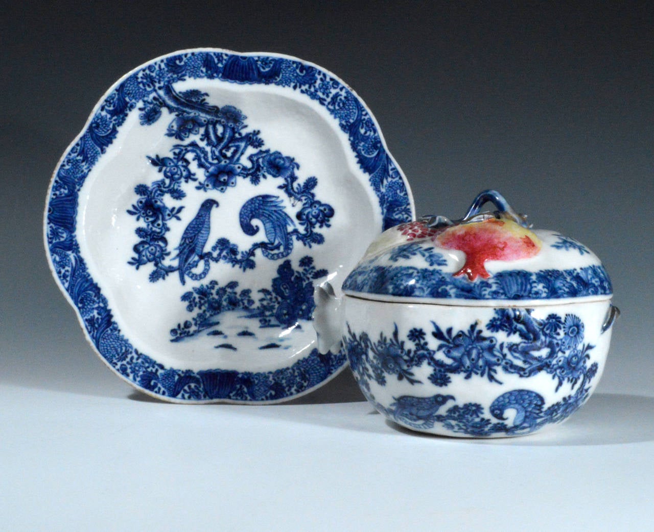 Georgian Pair of Extremely Rare Chinese Export Pomegranate Porcelain Tureens and Stands
