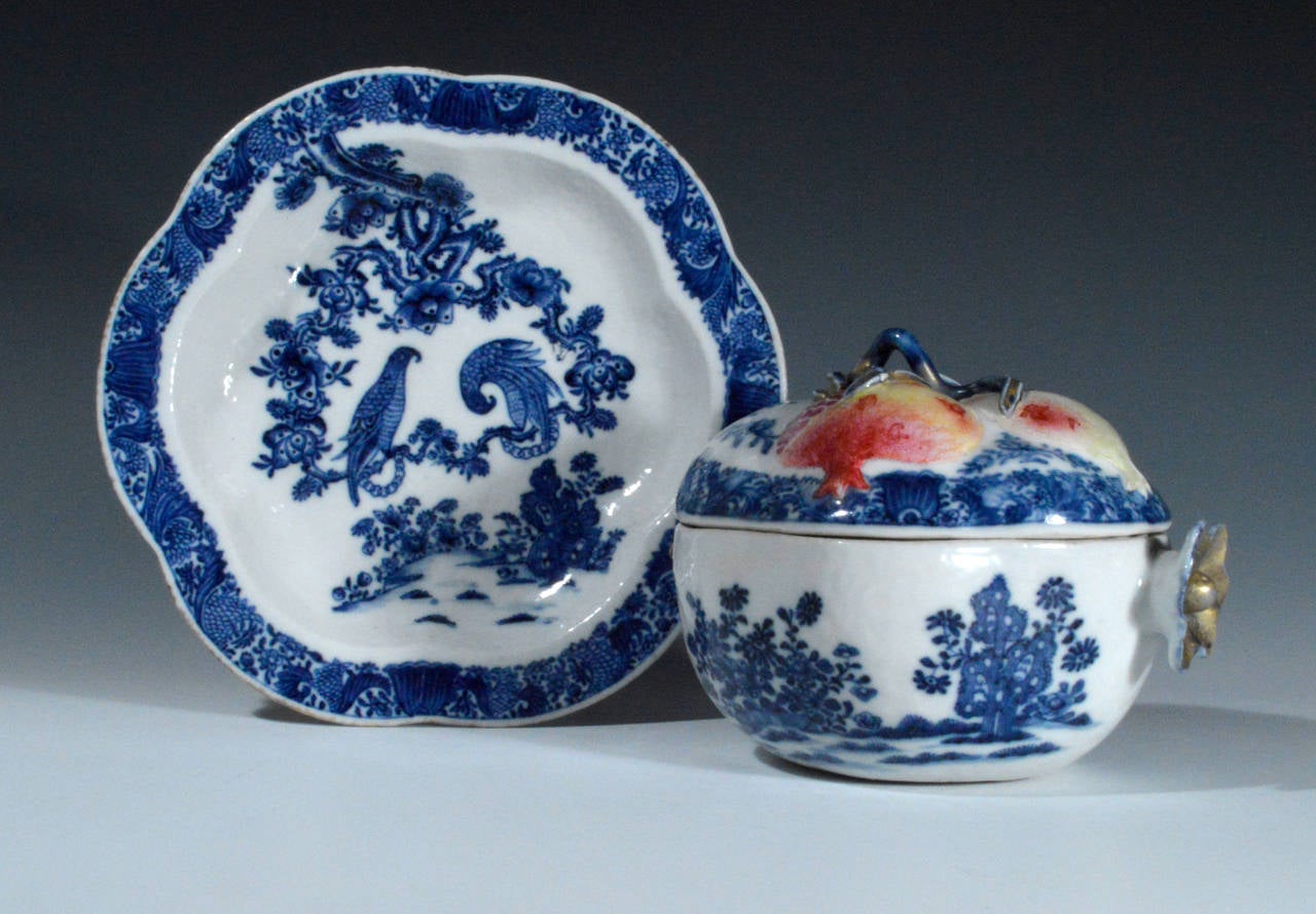 Hand-Painted Pair of Extremely Rare Chinese Export Pomegranate Porcelain Tureens and Stands