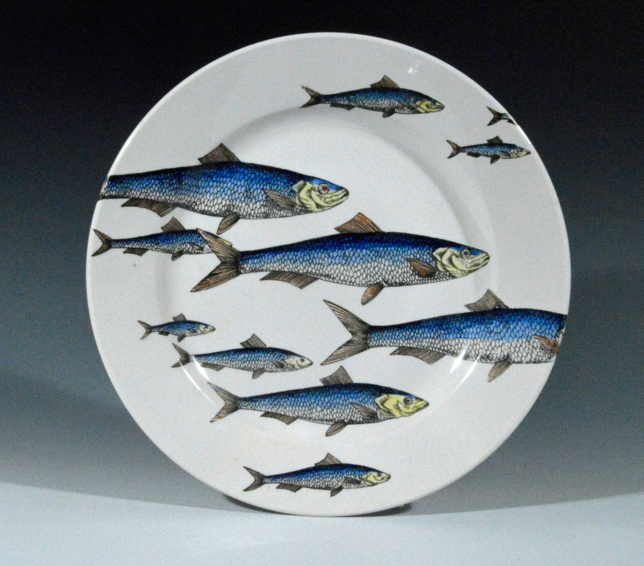 Passata de pesce (Passage of Fish).

The earthenware pottery plates depict three different schools of fish swimming together across the plate. This pattern was issued over a period of time but this particular set is one of the earliest made.