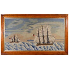A Large British Sailor's Woolwork Picture of Two Ships