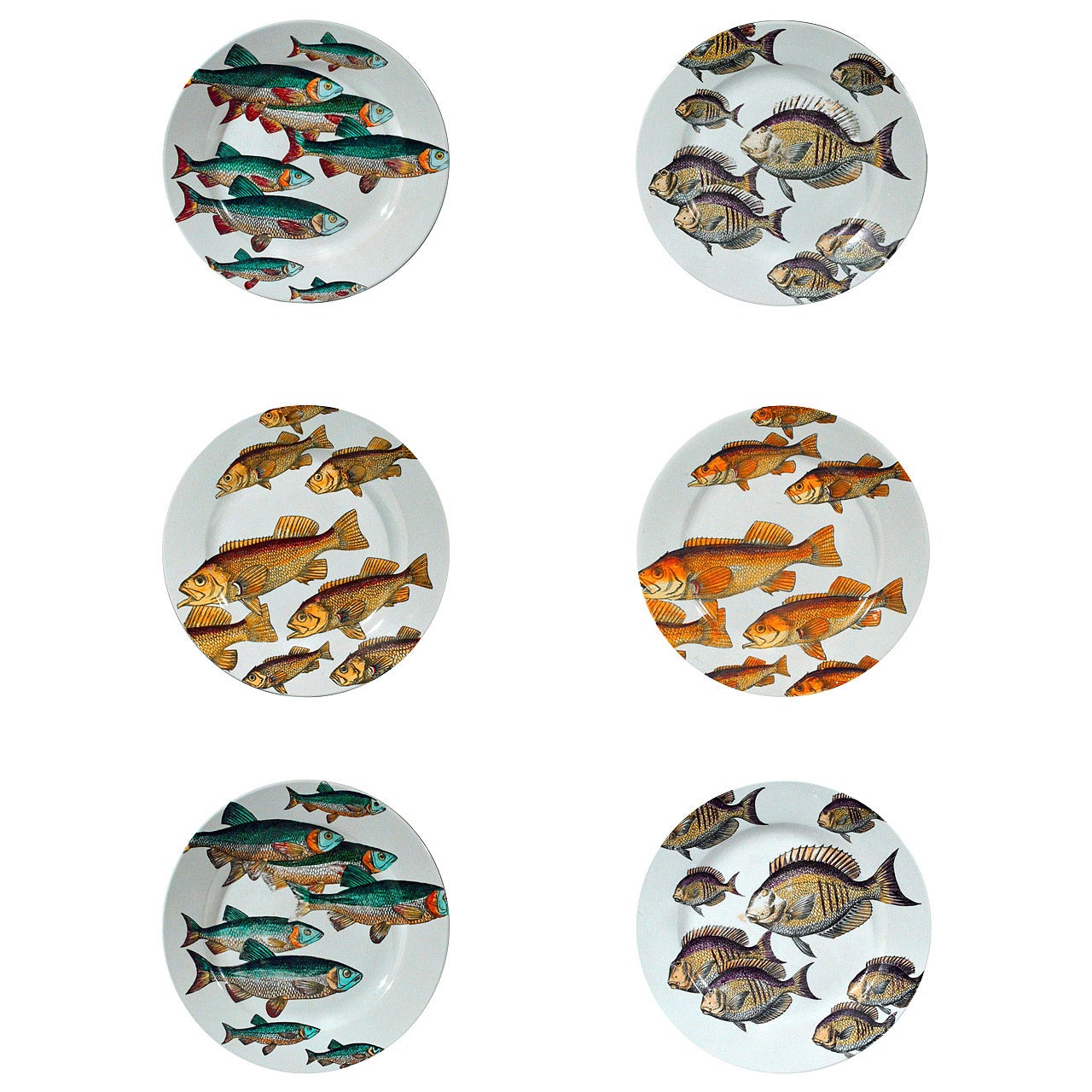 Set of Six Rare Piero Fornasetti Fish Plates, Pesci