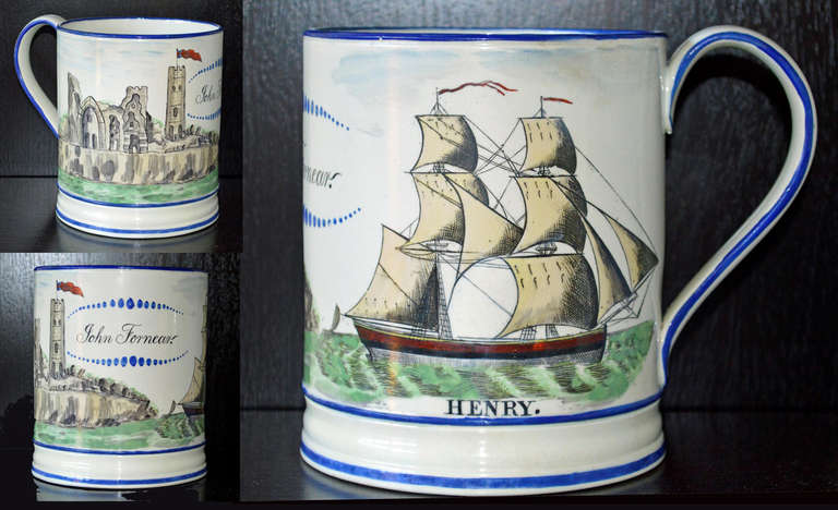 The creamware mug has three hand-painted scenes. The image of a named ship, called Henry, the name John Fornear and a painting of a ruined abbey.<br />
<br />
The name John Fornear was born in Sunderland in 1756, was married in Tynemouth in 1786,