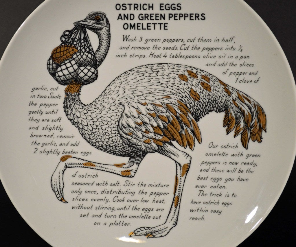 Ostrich Eggs and Green Peppers Omelette,
Made for Fleming Joffe,
Silkscreen & Transfer,

The Fleming Joffe company was a small leather goods company in New York.  Fornasetti was not the only famous artist this company worked with.  Andy Warhol