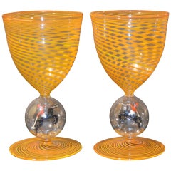 A Pair of Art Glass Bimini Stem Goblets With Polo Figures