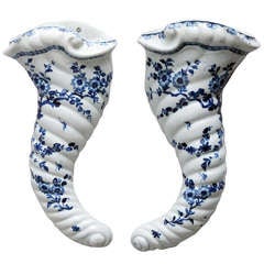 First Period Worcester Porcelain Pair of Blue & White Cornucopia Wall Pockets.