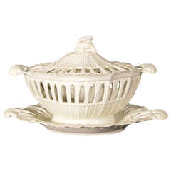 English Creamware-Covered Fruit Basket and Stand