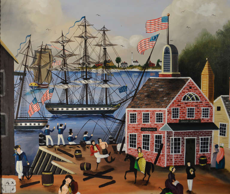 Massive Ralph Cahoon Painting of a New England Seaside Village Dock 1