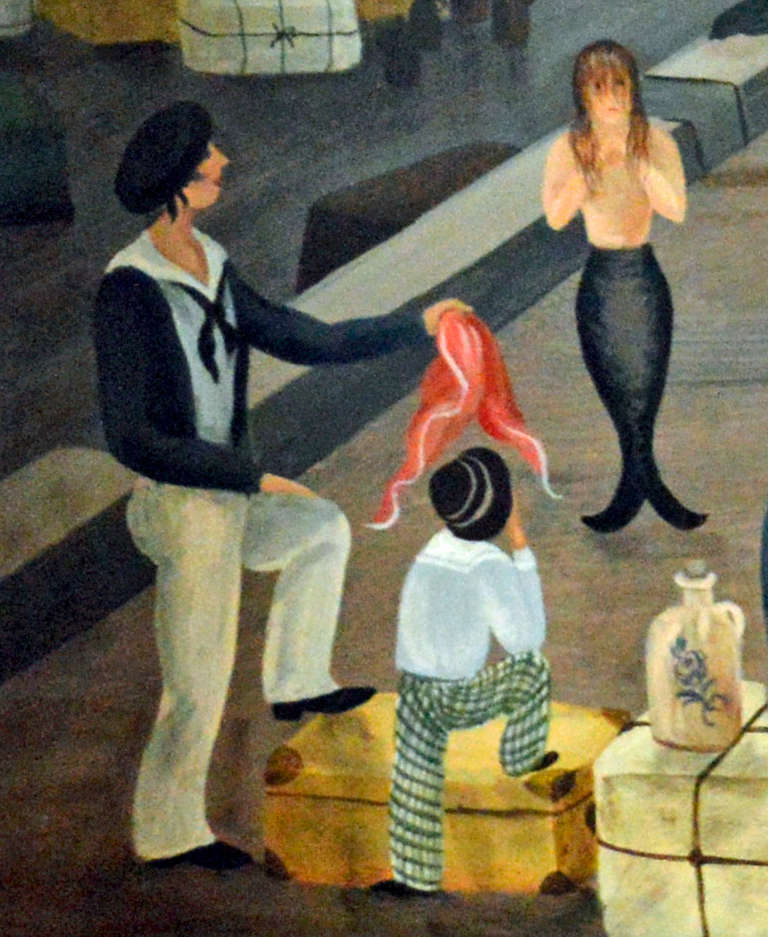 Farewell at the Dock,
Late 1960's-early 1970's

Dimensions: 25 inches x 31 inches

The large vivid, detailed painting shows a New England dock with an American sailing ship about to depart from the dockside, passengers, sailors and mermaids are