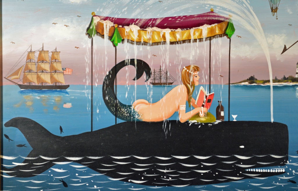 An Early Ralph Cahoon Mermaid Painting, Fishing & Wishing, is 
signed R. Cahoon.

The rectangular format painting depicts a whimsical seascape scene of a mermaid upon the back of a whale.  The mermaid lay upon her stomach, holding a book under a