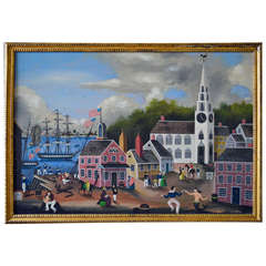 Vintage Massive Ralph Cahoon Painting of a New England Seaside Village Dock