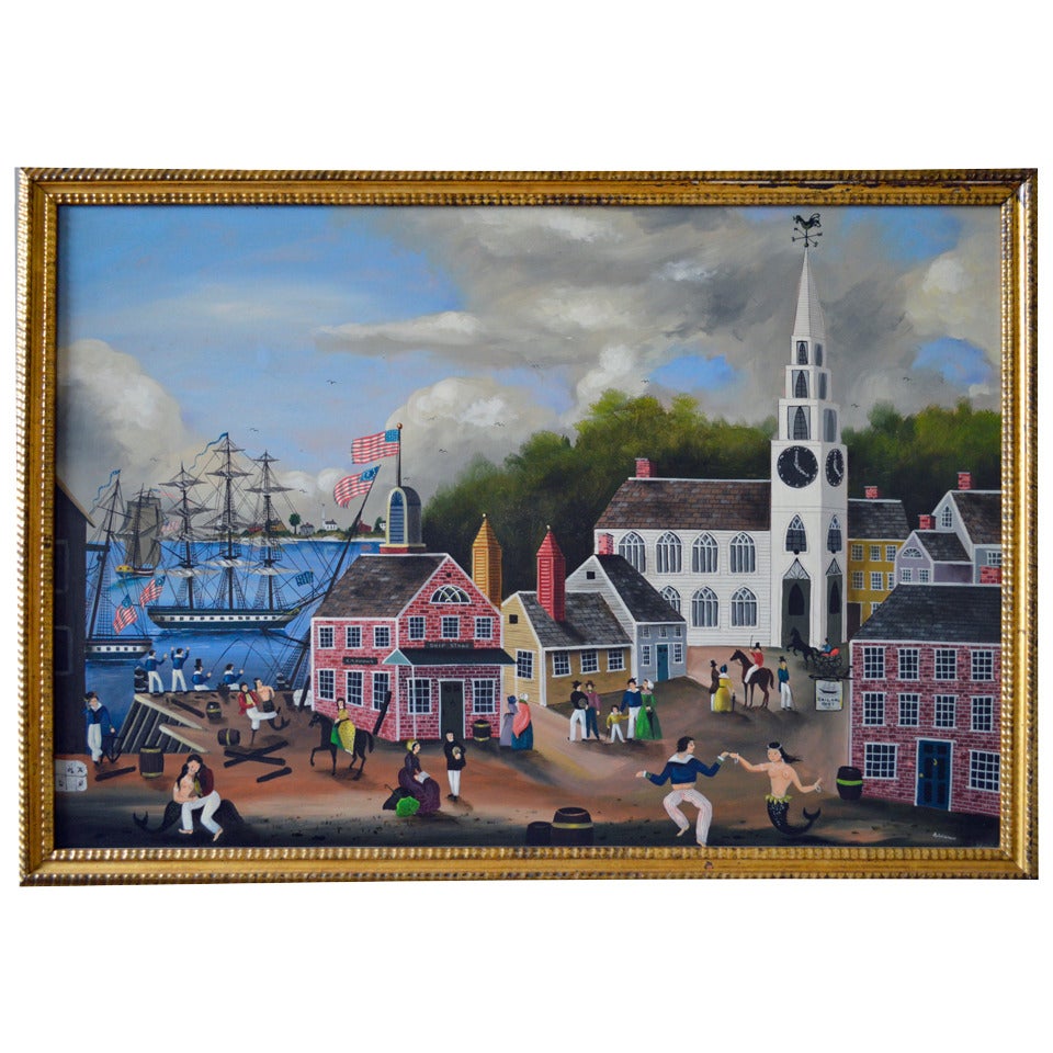 Massive Ralph Cahoon Painting of a New England Seaside Village Dock