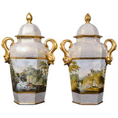 Used A Pair of Large Chamberlain's Worcester Porcelain Urns & Covers