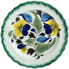 English Pearlware Pottery Green Edged Plate Depicting Pansy