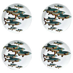 Vintage Set of Four Piero Fornasetti Pesci (Fish) Pattern Plates