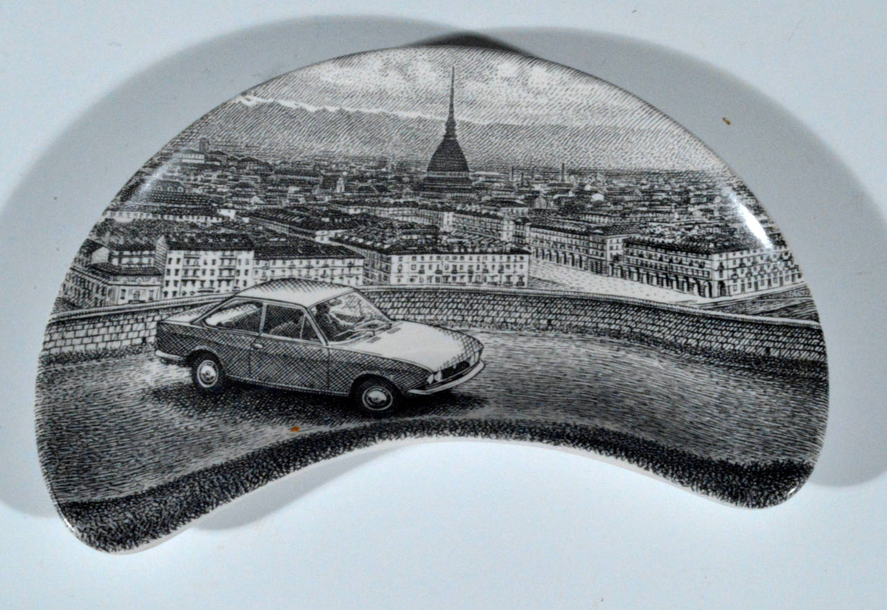 Mid-Century Modern Piero Fornasetti Demilune Porcelain Dishes with Cars and Turin, Made for Fiat