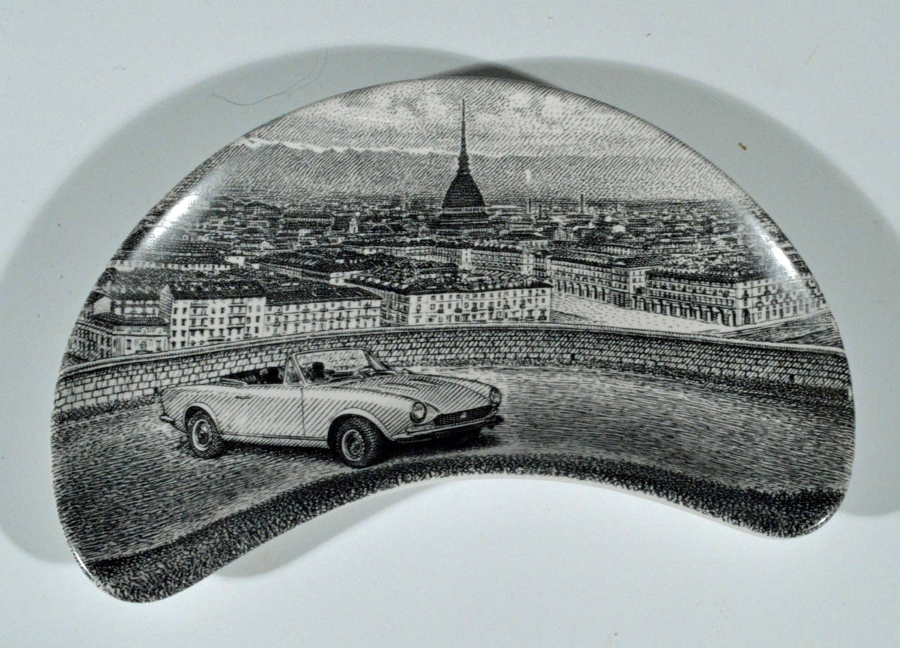 Italian Piero Fornasetti Demilune Porcelain Dishes with Cars and Turin, Made for Fiat