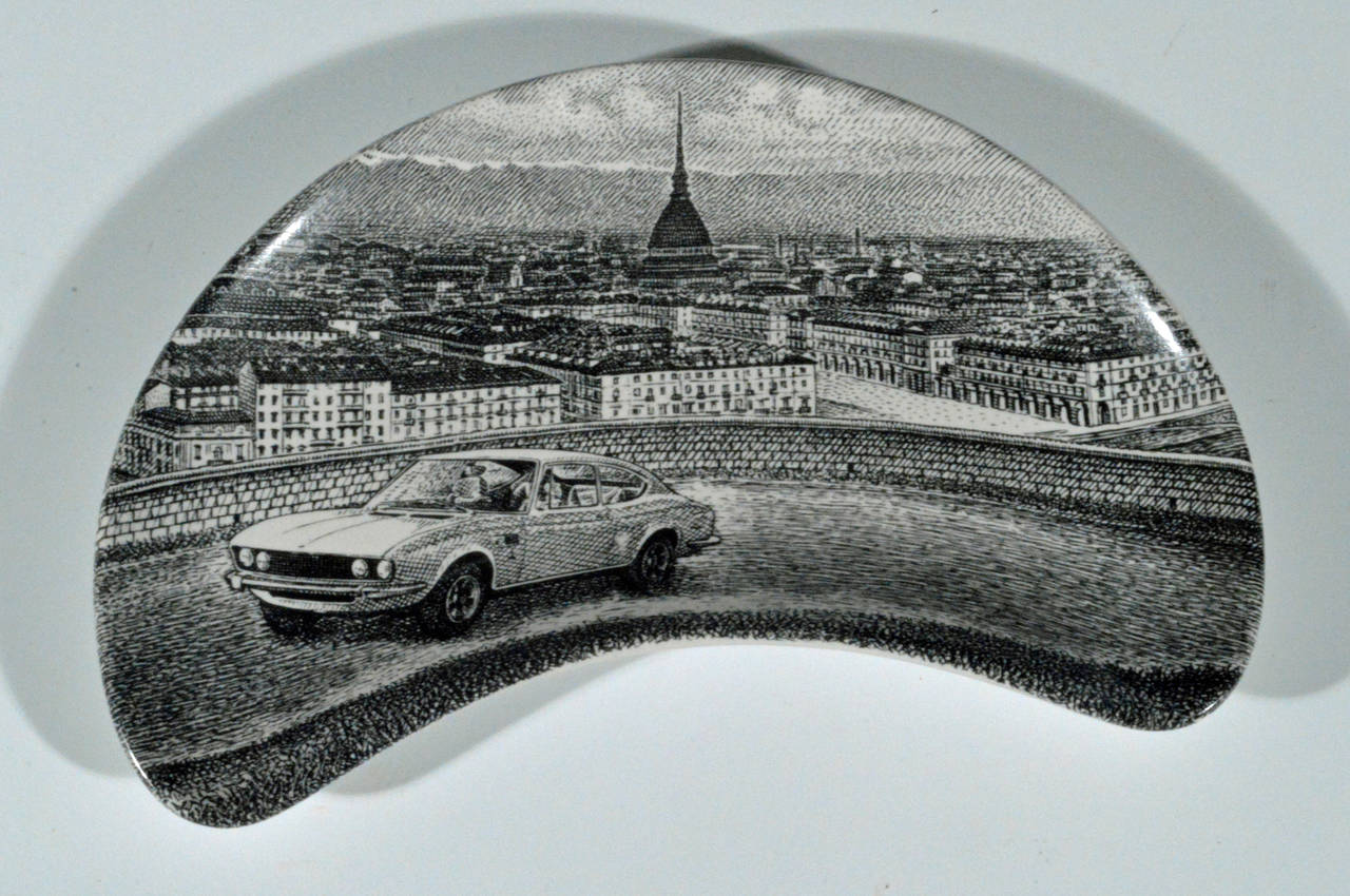 Piero Fornasetti Demilune Porcelain Dishes with Cars and Turin, Made for Fiat In Good Condition In Downingtown, PA
