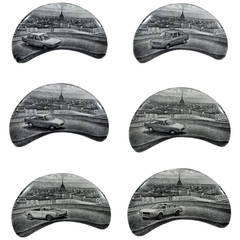 Piero Fornasetti Demilune Porcelain Dishes with cars and Turin, Made for Fiat 12