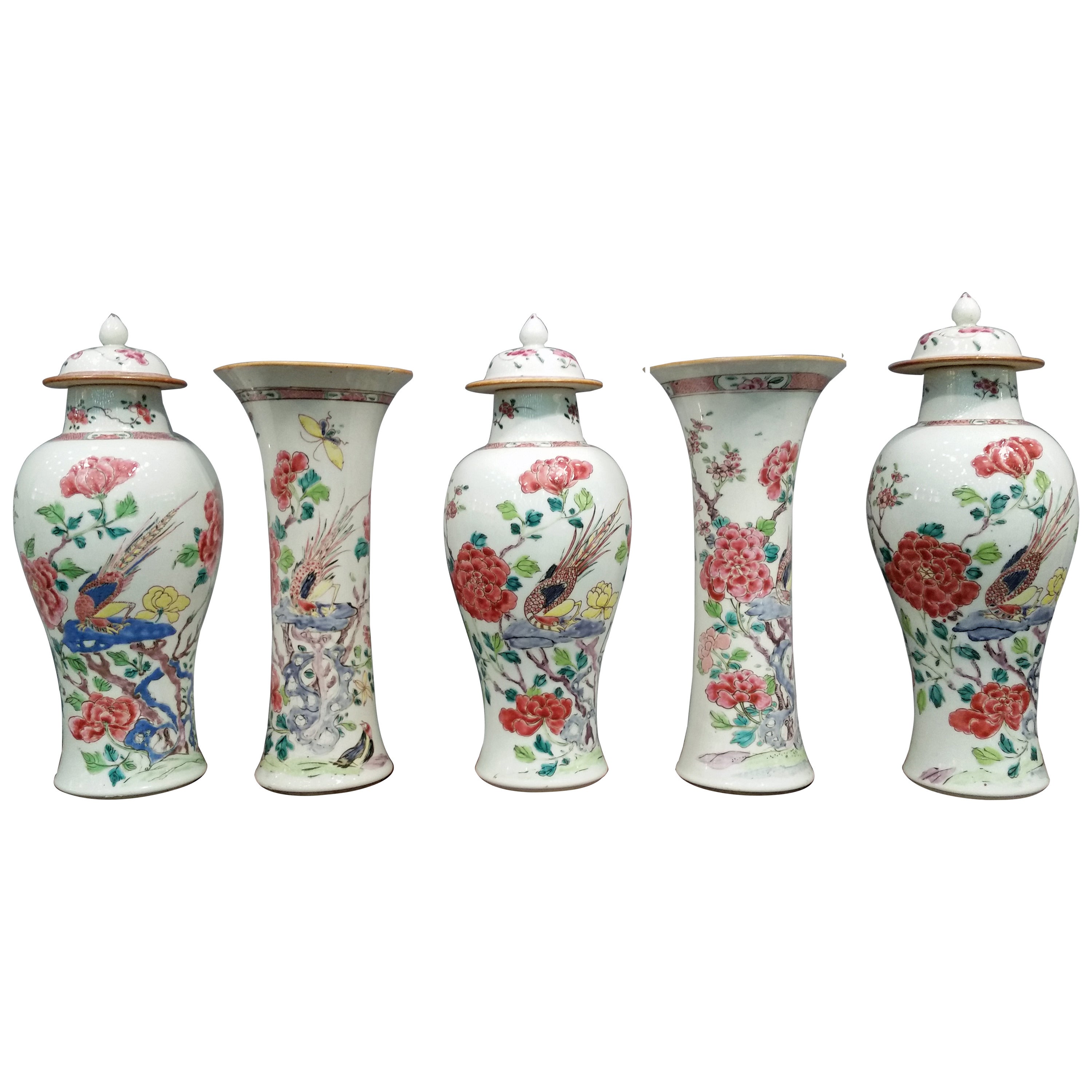 Chinese Export Porcelain Famille Rose Garniture of Vases and Covers